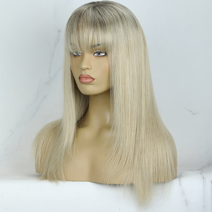 Gracia | Ombre Blonde With Light Grey root Layered Cut Straight 13x6 Lace Frontal Glueless Wig With Bangs