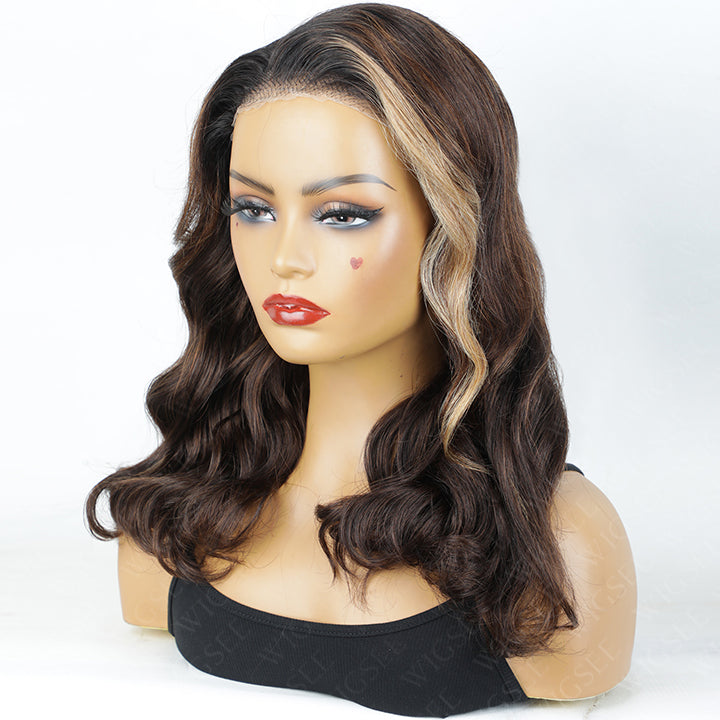 Blaire | Stylish Shoulder Length Wavy 5x5 Pre Cut Lace Glueless Wig With Black Roots Human Hair