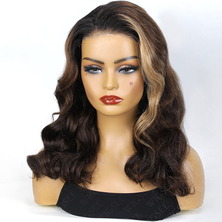 Blaire | Stylish Shoulder Length Wavy 5x5 Pre Cut Lace Glueless Wig With Black Roots Human Hair