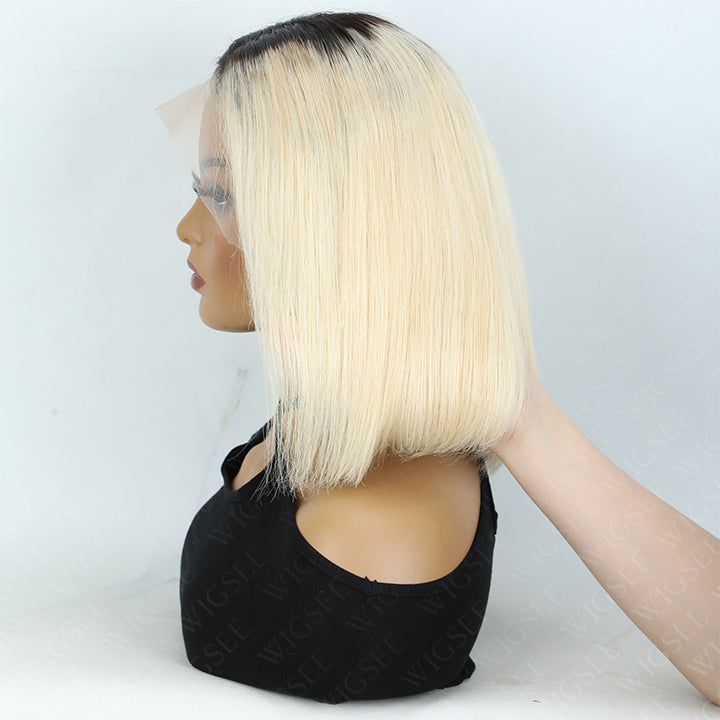 Bernice | T1B/613 Ombre blonde With Black Roots Short Bob Straight Wig 13X4 5X5 Lace Human Hair Wig