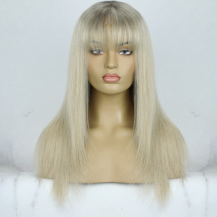Gracia | Ombre Blonde With Light Grey root Layered Cut Straight 13x6 Lace Frontal Glueless Wig With Bangs