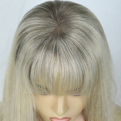 Gracia | Ombre Blonde With Light Grey root Layered Cut Straight 13x6 Lace Frontal Glueless Wig With Bangs
