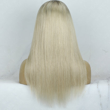 Gracia | Ombre Blonde With Light Grey root Layered Cut Straight 13x6 Lace Frontal Glueless Wig With Bangs