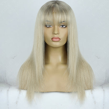 Gracia | Ombre Blonde With Light Grey root Layered Cut Straight 13x6 Lace Frontal Glueless Wig With Bangs